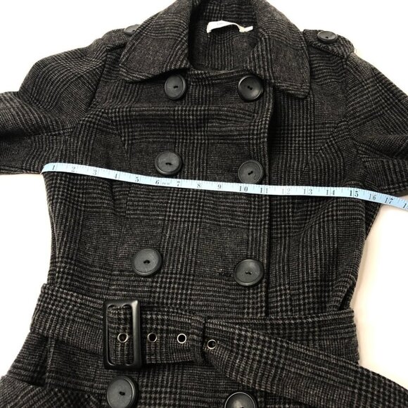 𝅺RICKI’S Grey Plaid Military Style Belted Wool Blend Thick Peacoat Trench Coat - Picture 15 of 16